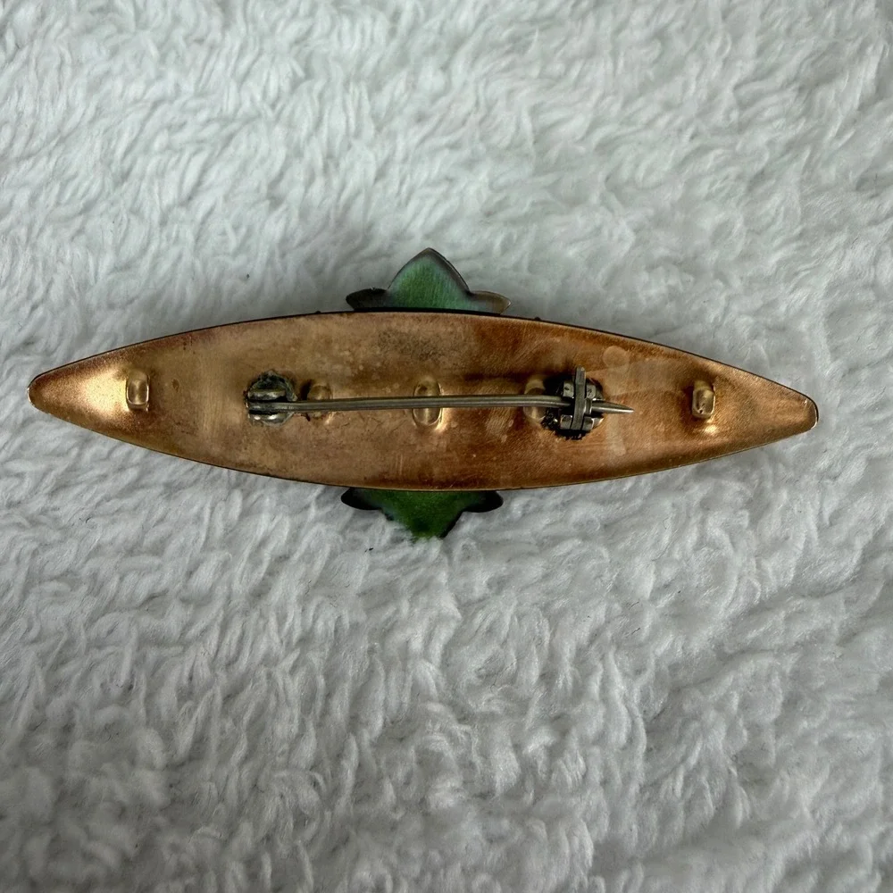 Vintage Copper Verdigris Brooch Purple Teal Crystal‎ Floral Filigree Pin 2.5